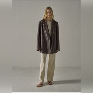 Facade Pattern Brown Faux Leather Blazer Jacket Oversized Minimalist Size S